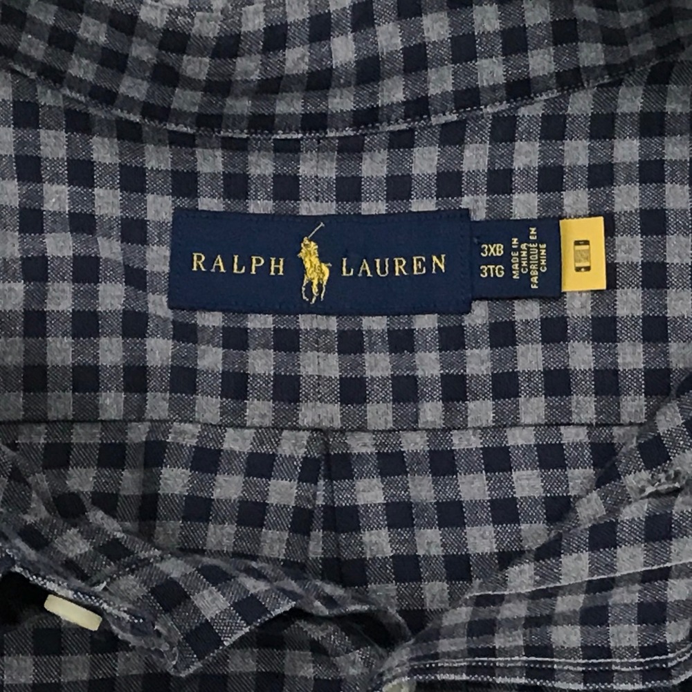 Ralph Lauren Mens 3XB Shirt Navy Blue Grey Gingham Check Long Sleeve Cotton Pony